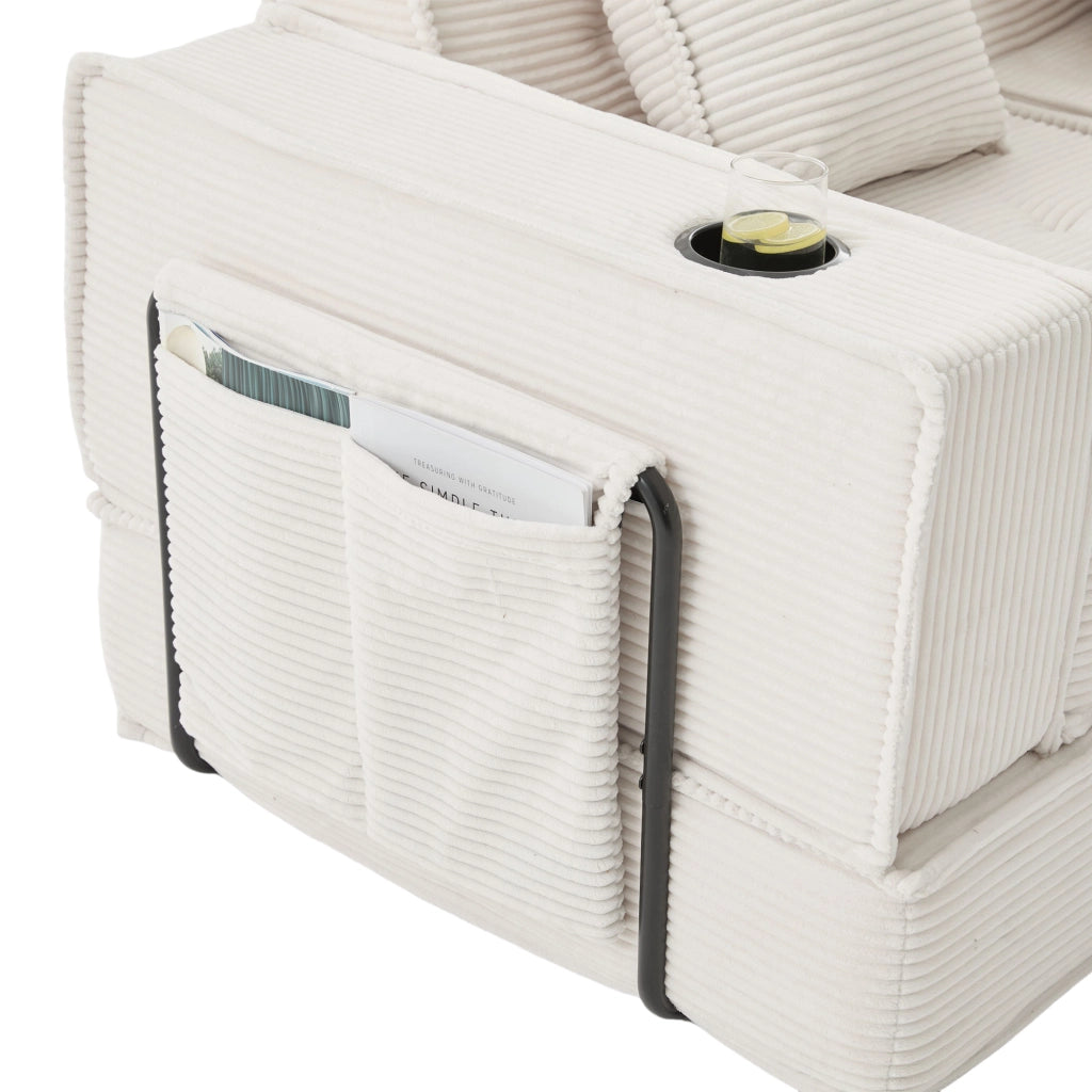 Pouf divano modulare in tessuto effetto corduroy beige, con 2 cuscini e tasche laterali, seduta bassa per relax