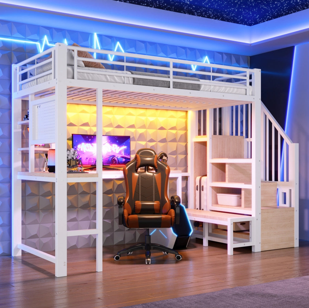 Hochbett 90x200 cm con scrivania; pannello forato; scale con ripiani; LED e porte USB; bianco