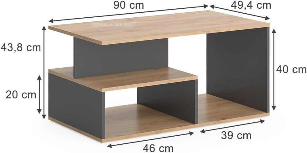 Tavolino da salotto Hasso, Quercia dorata/antracite, 90 x 49.4 cm, con ripiano per riporre riviste e telecomandi