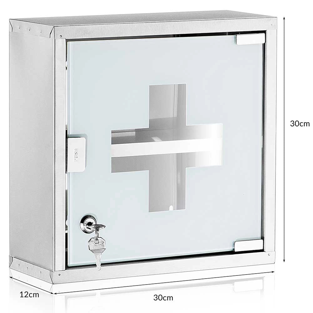 Armadietto Porta Medicinali Acciaio Inox e Vetro Satinato 30x30x12 cm con Chiave