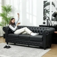Divano 3 Posti Stile Chesterfield Trapuntato con Molle Insacchettate, Finta Pelle, 213x86x79 cm, Nero