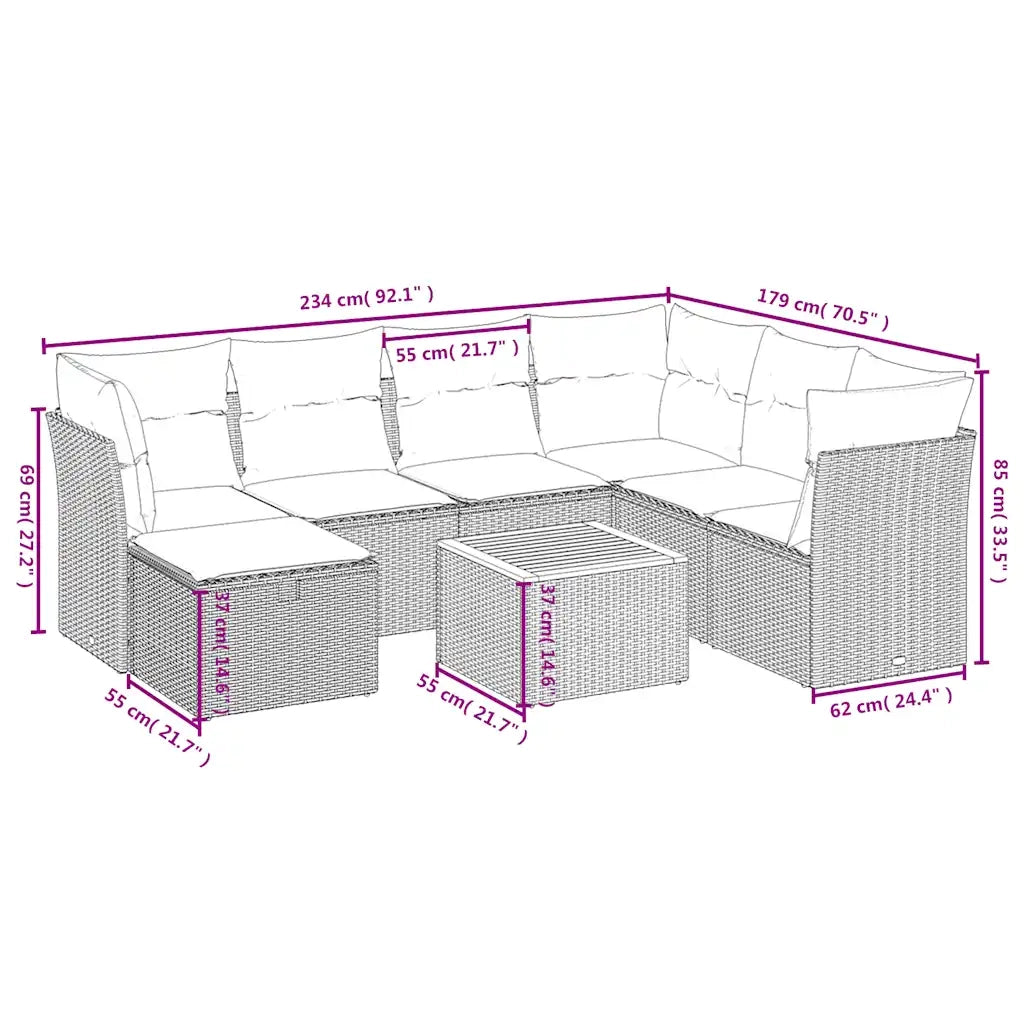 Set Divano da Giardino 8 pz con Cuscini Beige in Polyrattan 3264740