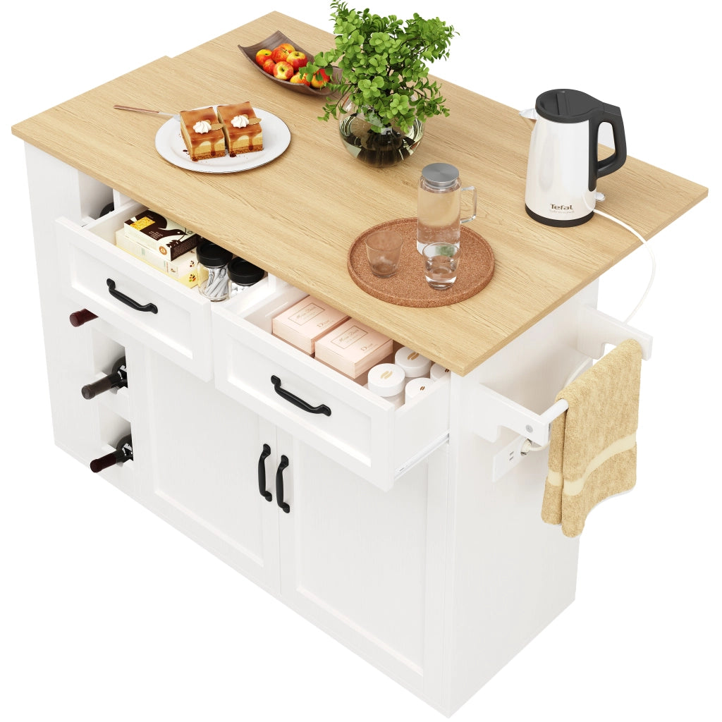 Isola Cucina con Portabottiglie e Presa Elettrica ¨C MINIMAL ¨C Bianco, Legno