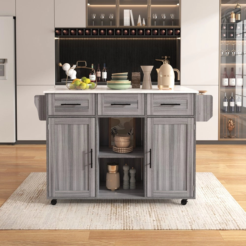 Carrello Portavivande con Armadietto ¨C Xylo ¨C Legno Massello Grigio, Piano Marmo Bianco, 139x46x91.5 cm