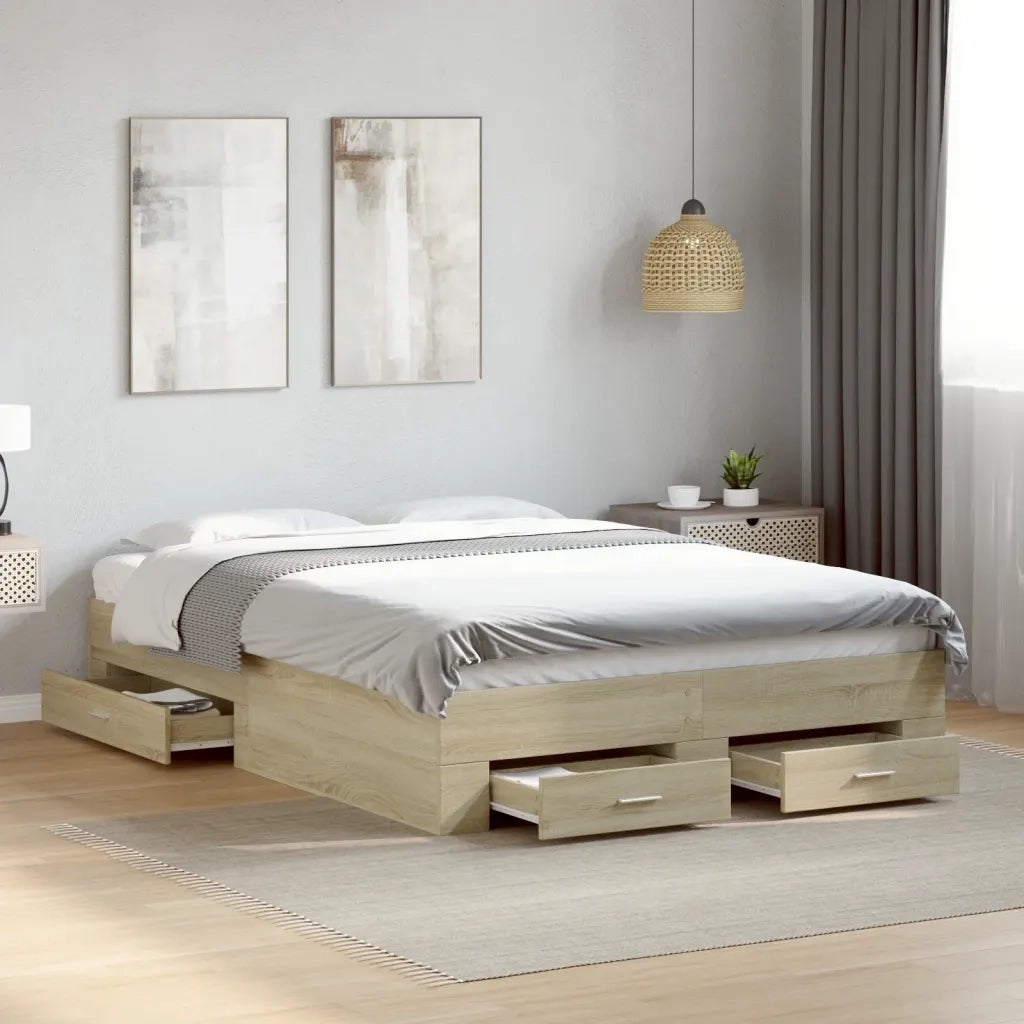 Letto matrimoniale | Letto per adulti | Giroletto Cassetti Rovere Sonoma 140x190 cm Legno Multistrato