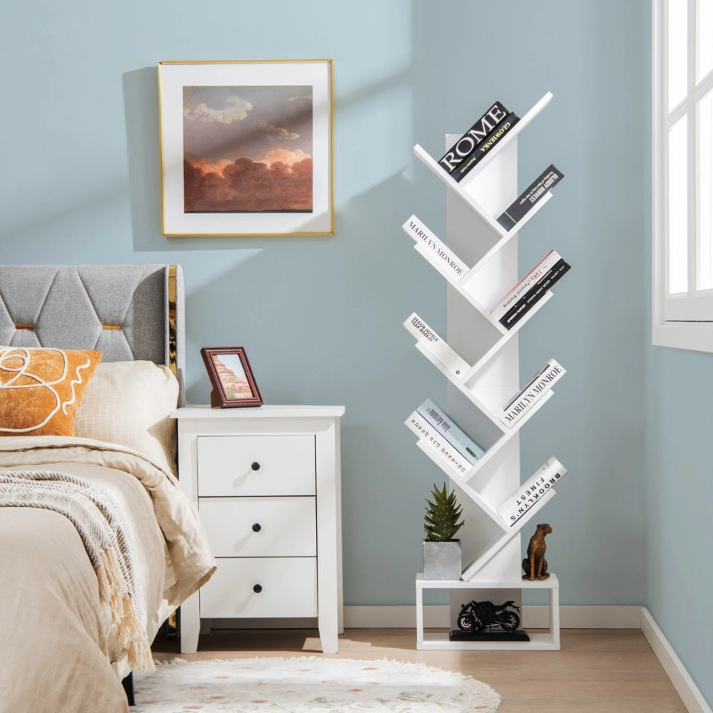 Scaffale ad albero a 10 ripiani con cassetto-Scaffale da terra per camera da letto soggiorno e ufficio Bianco
