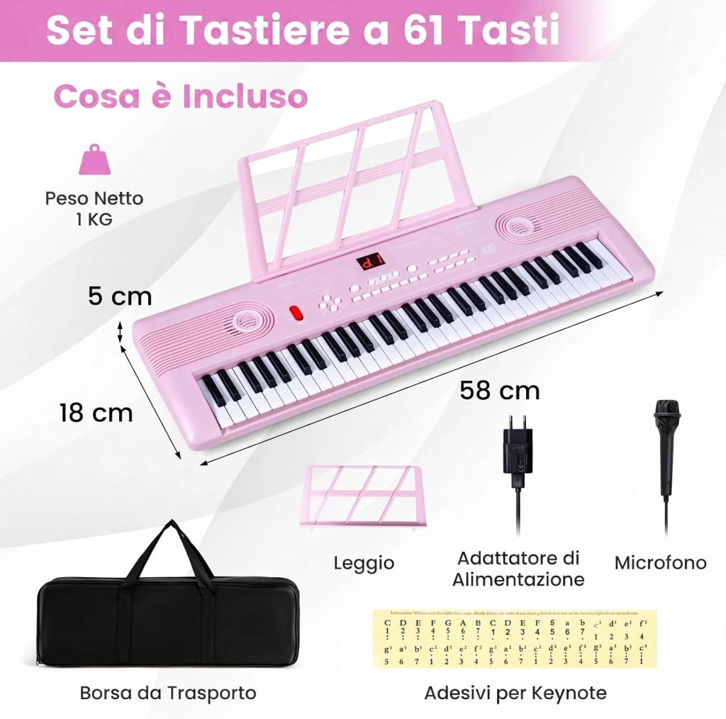 Pianoforte Digitale a 61 Tasti, Pianoforte Elettronica con Supporto, Microfono, Pianoforte Portatile con Adesivi per Tasti e Borsa da Trasporto, per Bambini e Adulti (Rosa)