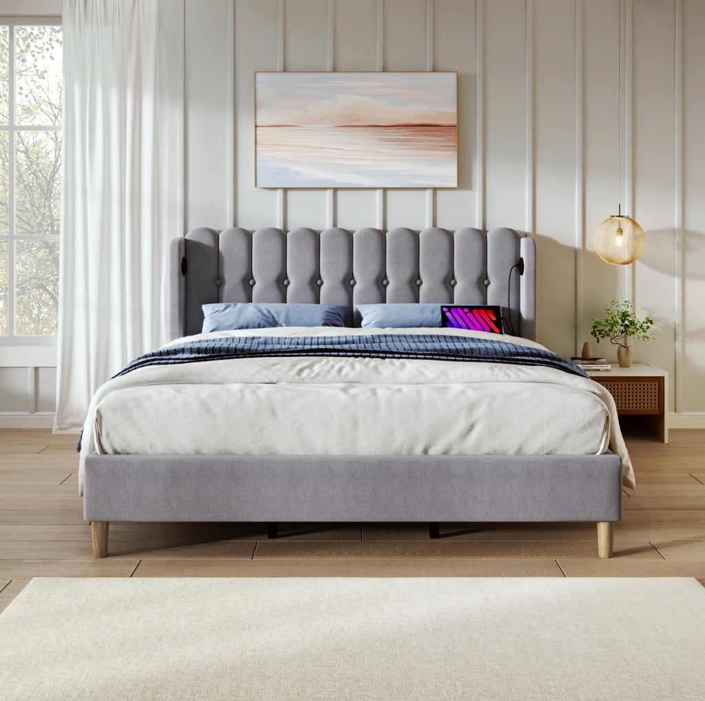 Letto imbottito con testiera a pannelli; USB e Type-C; 160 x 200 cm; lino grigio
