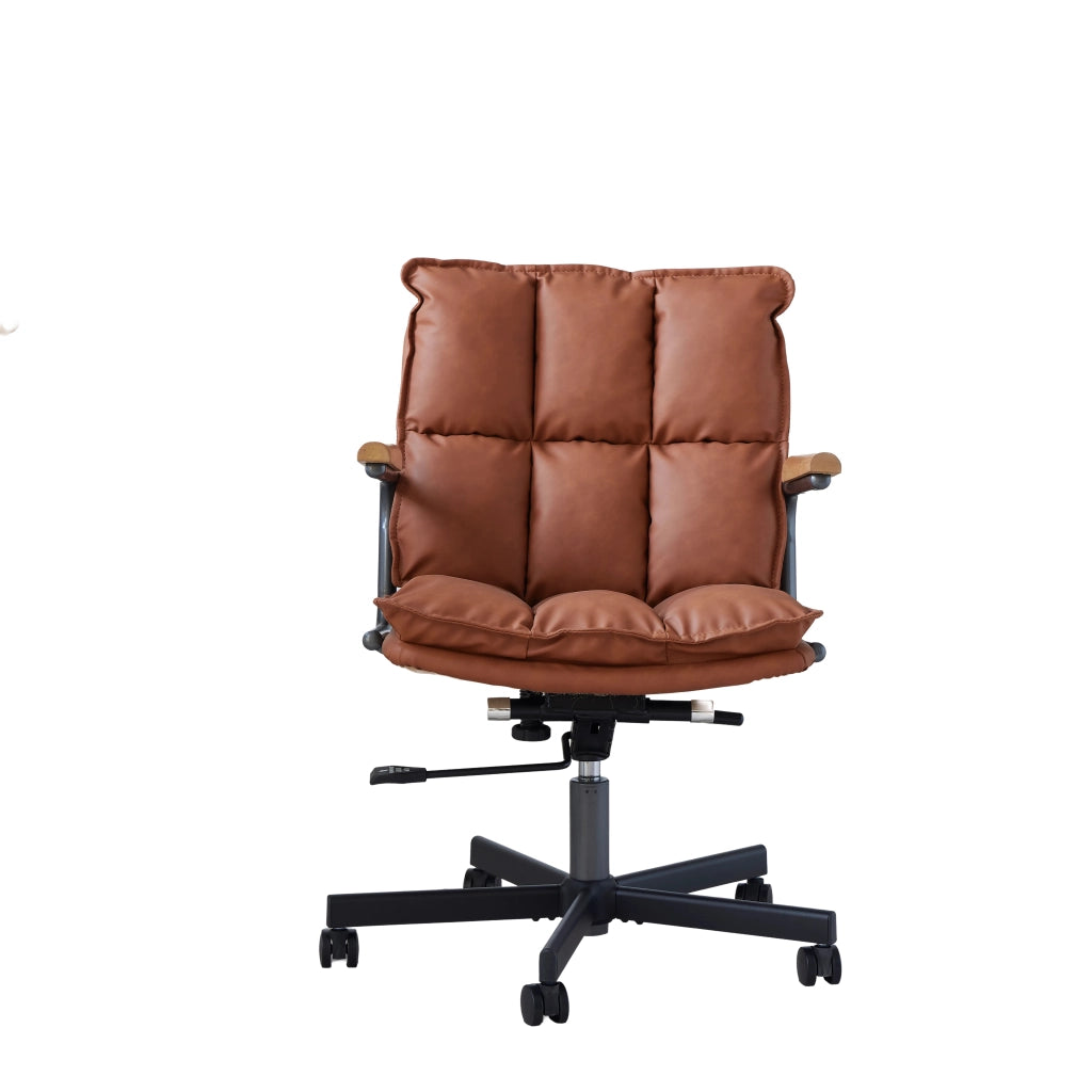 Sedia da ufficio in pelle sintetica girevole regolabile con supporto ergonomico e braccioli in metallo marrone
