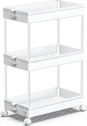 Carrello di archiviazione a 3 livelli, estensione di carrello a ruote, scaffale di archiviazione su ruote, organizzatore multifunzionale per ufficio, cucina, camera da letto, bagno, lavanderia e comò, bianco