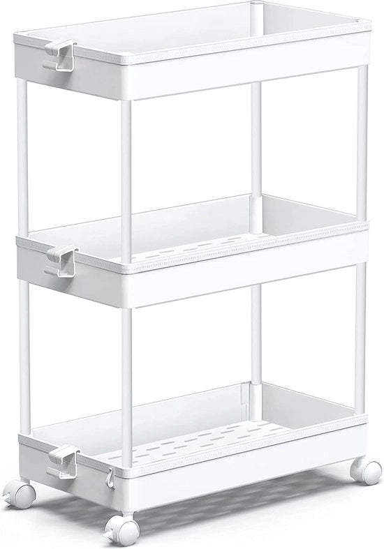 Carrello di archiviazione a 3 livelli, estensione di carrello a ruote, scaffale di archiviazione su ruote, organizzatore multifunzionale per ufficio, cucina, camera da letto, bagno, lavanderia e comò, bianco