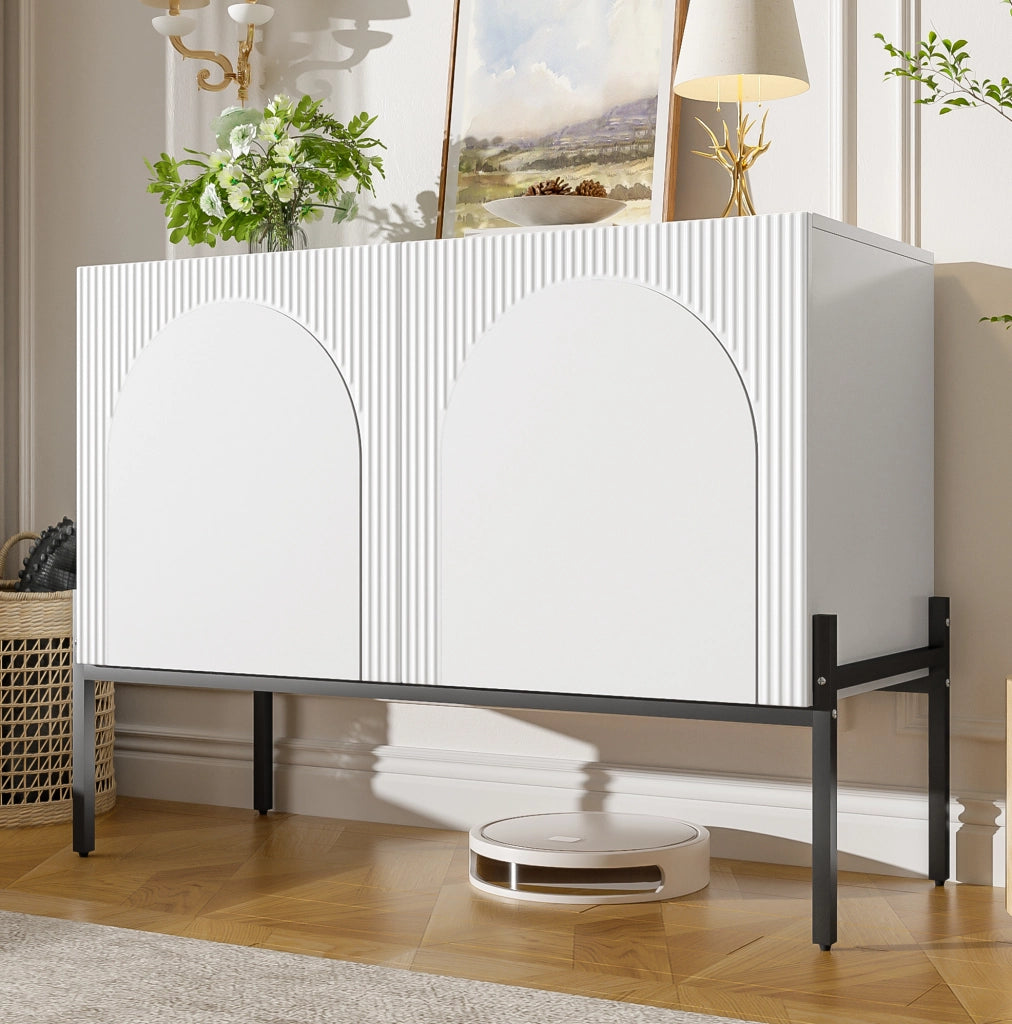Sideboard a 2 ante con gambe in metallo; design ad arco; bianco; 100x40x75 cm