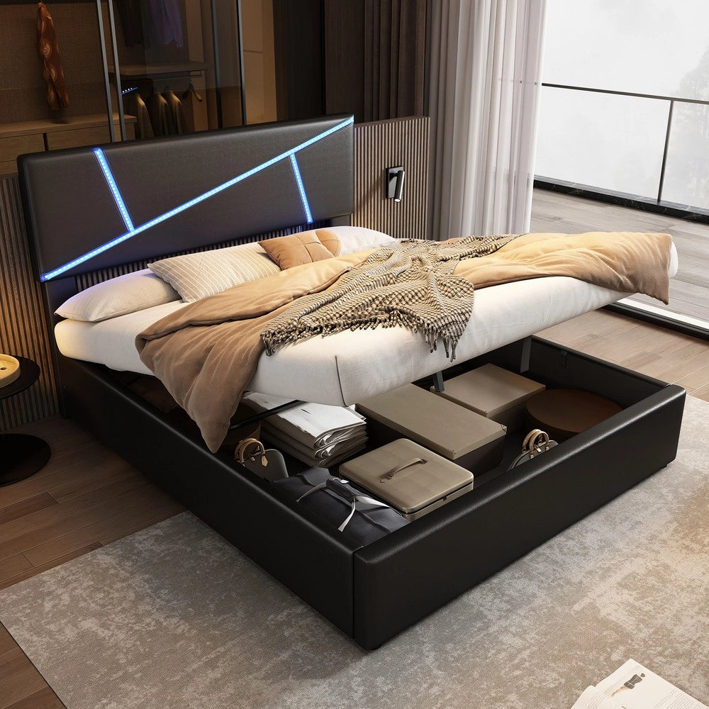 Letto Imbottito con LED ¨C MINIMAL ¨C Similpelle Nero, Contenitore Idraulico, Rete a Doghe, 90x200