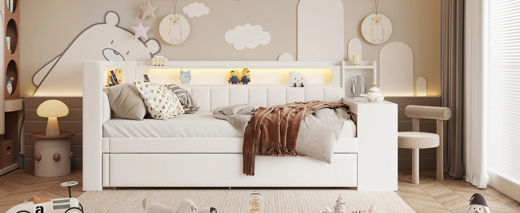 DESMIU Divano letto 90 × 200 cm con LED, USB, letto estraibile e scrivania, senza materasso, bianco