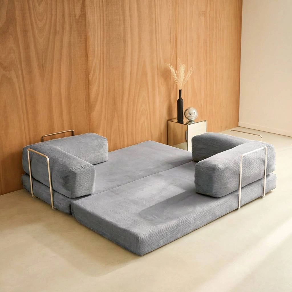 Divano letto futon in velluto a coste e struttura cromata, grigio