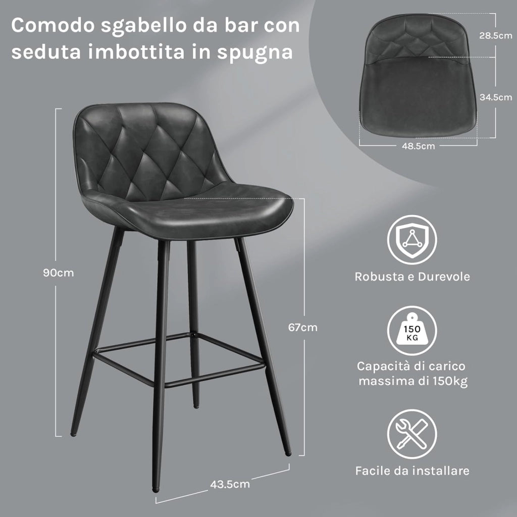 Sgabelli cucina, Sgabelli Bar con Schienale Sedia da Cucina con Poggiapiedi Sgabello Alto Imbottito Sedia in PU vintage con Gambe in Metallo per Bistrot Pub Sala da Pranzo, Antracite