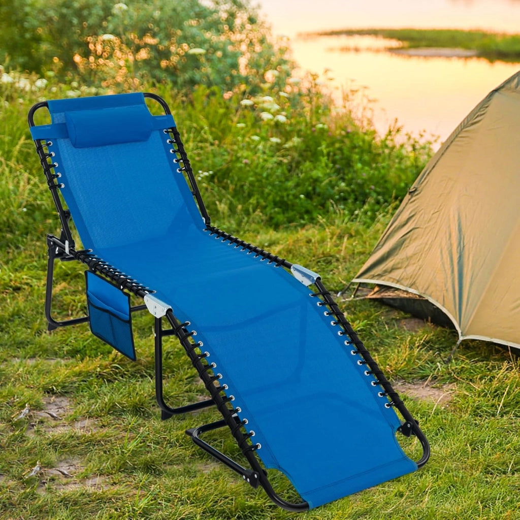 Lettino Prendisole Pieghevole con Schienale e Poggiatesta Regolabili, Sedia a Sdraio Versatile con Tasca Laterale, Ideale per Giardino, Campeggio, Spiaggia e Viaggi