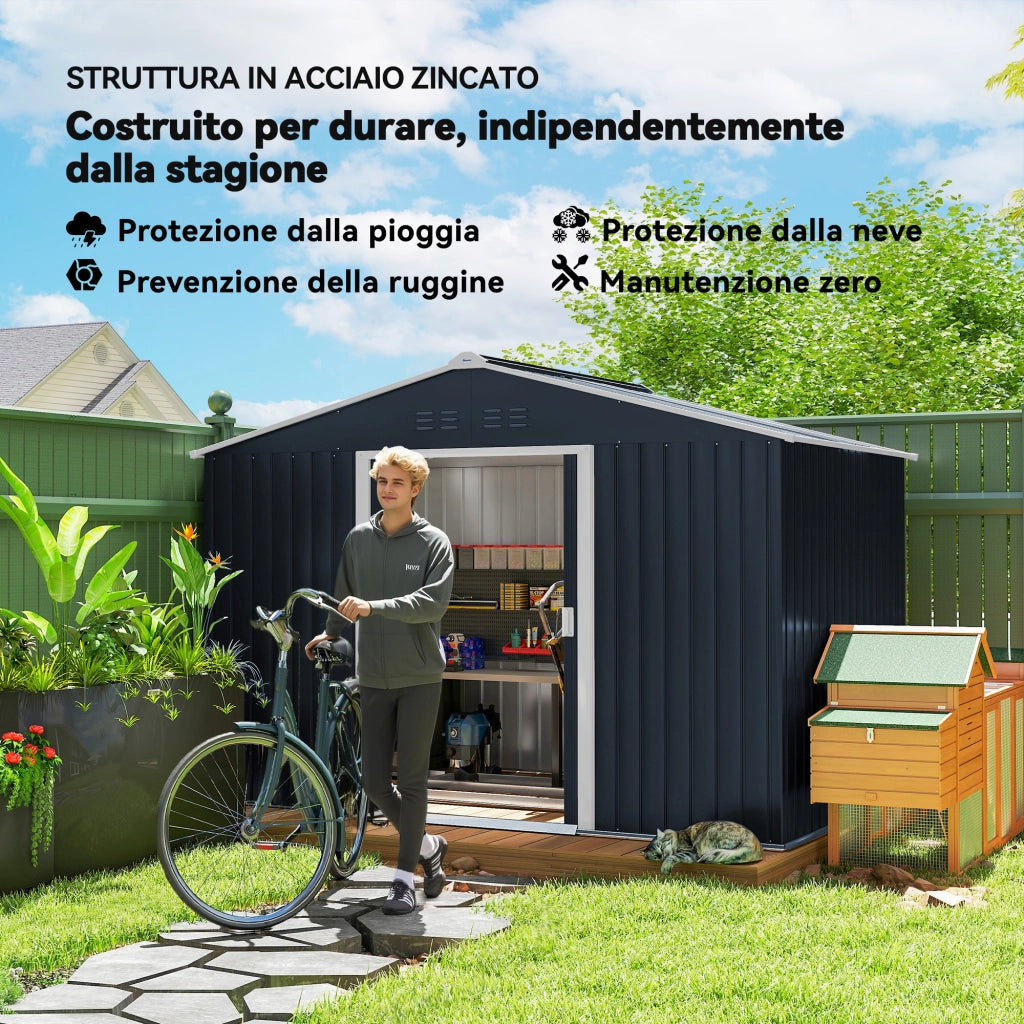 Casetta Porta Attrezzi in Acciaio con Tetto Inclinato e 2 Porte Scorrevoli. 277x195x192 cm. Grigio Scuro