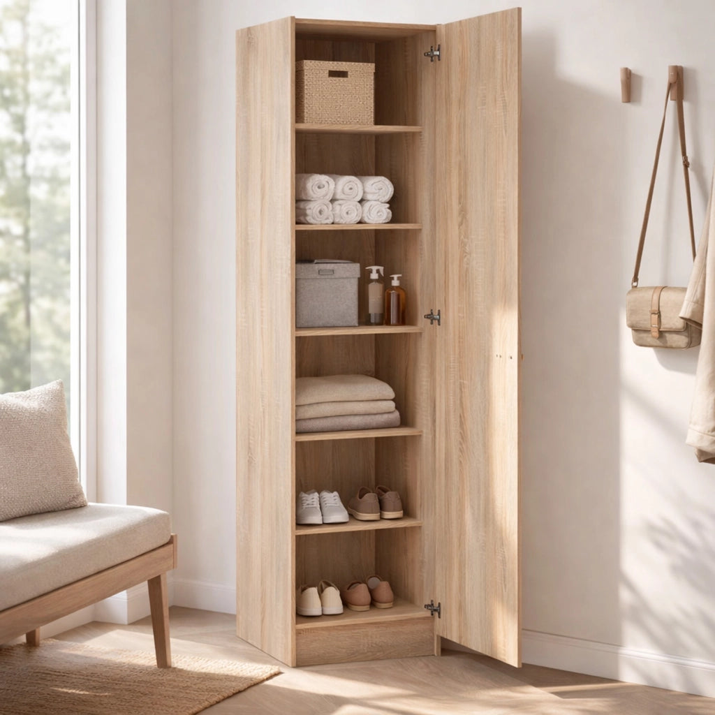 Colonna Bagno Armadio Alto 1 Anta Salvaspazio Con 4 Ripiani Regolabili Mobile Moderno Per Ingresso Corridoio Ripostiglio Maniglia In Metallo Argentata 200 X 47.1 X 49.2 Cm Rovere