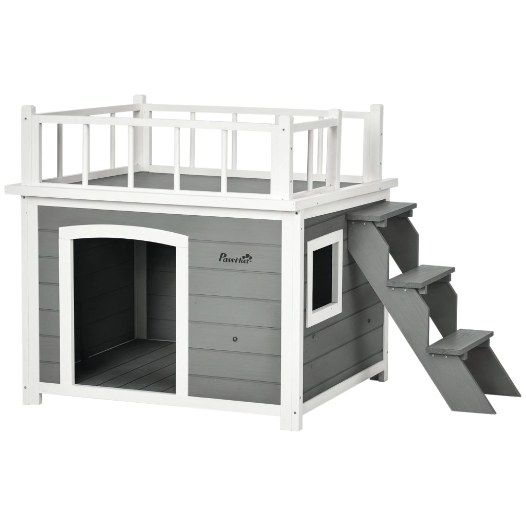 Casetta per Cani con Terrazza Scaletta e Finestra 121x77x78cm Grigio chiaro