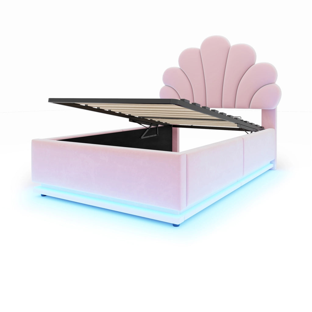 Letto singolo 90×200 cm con contenitore idraulico; LED e testiera a fiore; senza materasso; velluto; rosa