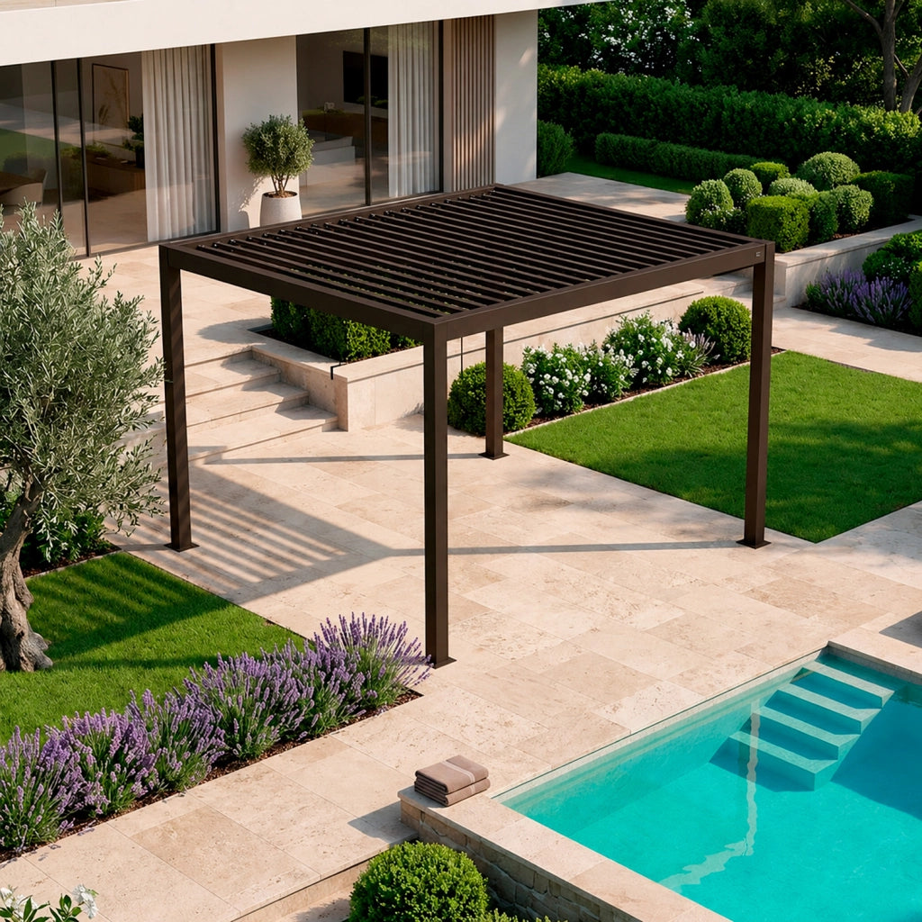 Gazebo Pergola Bioclimatica Con Lamelle Regolabili Sistema Di Deflusso Dell Acqua Struttura In Alluminio E Acciaio Resistente Ai Raggi UV Ideale Per Giardino Terrazza E Piscina 3x4 Metri Marrone Opaco