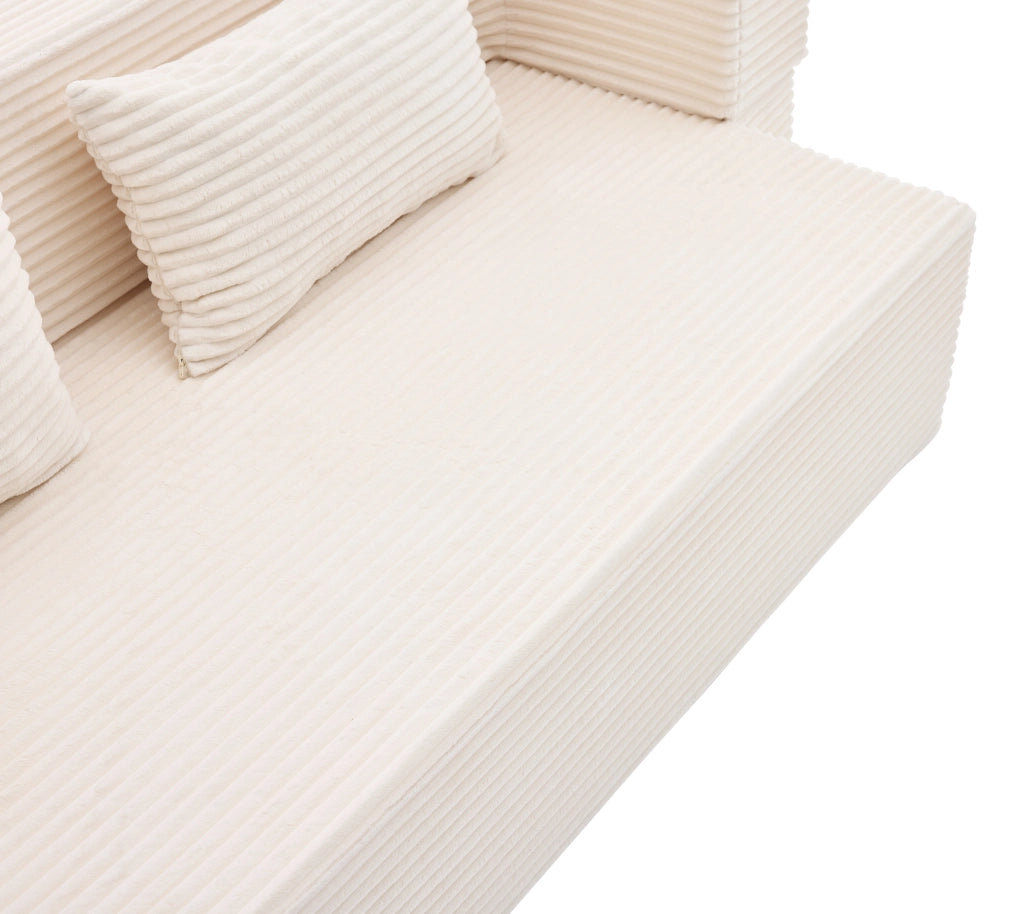 Divano letto modulare a terra 3 posti in tessuto a coste con funzione letto e 2 cuscini, senza montaggio, beige