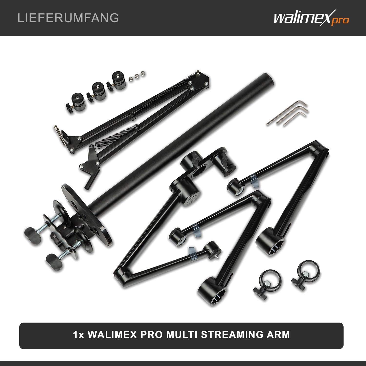 Multi Streaming Supporto da tavolo, 4 bracci articolati per fotocamere, luci LED, microfoni, morsetto di montaggio per piani 65 mm, anche per Vlogging, Videochiamate