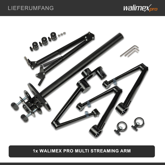 Multi Streaming Supporto da tavolo, 4 bracci articolati per fotocamere, luci LED, microfoni, morsetto di montaggio per piani 65 mm, anche per Vlogging, Videochiamate