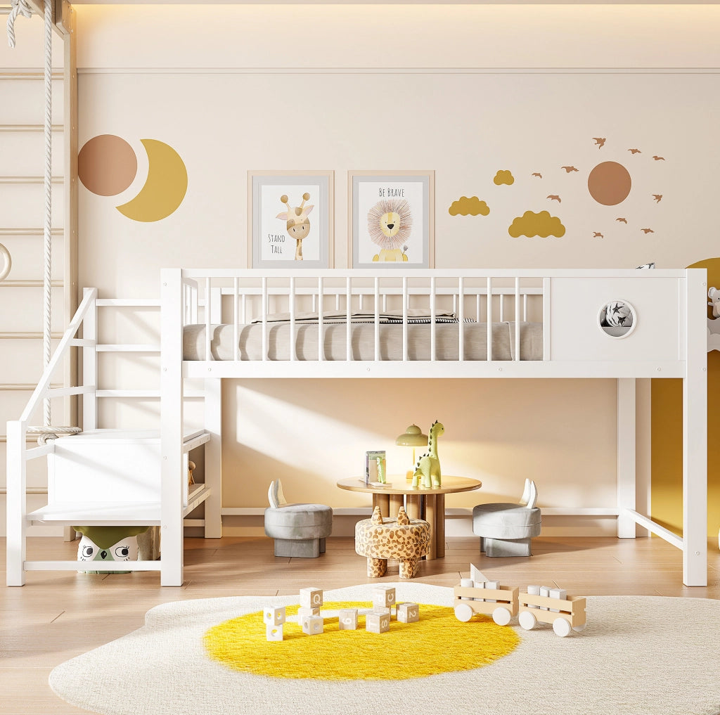 Letto a soppalco basso per bambini 90x200 cm in metallo bianco