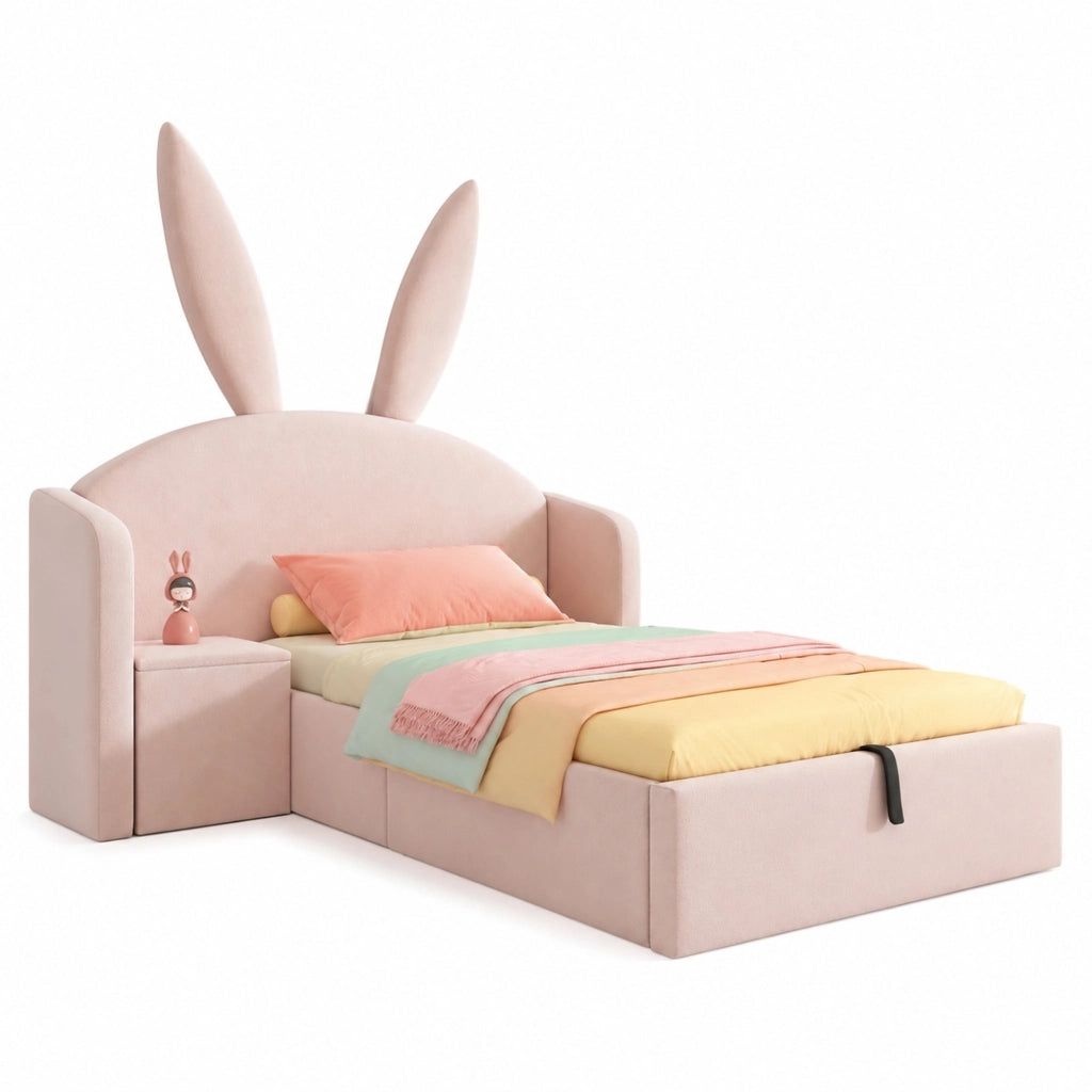 Letto per bambini 90x190 cm in velluto rosa con comodino contenitore, design con orecchie di coniglio