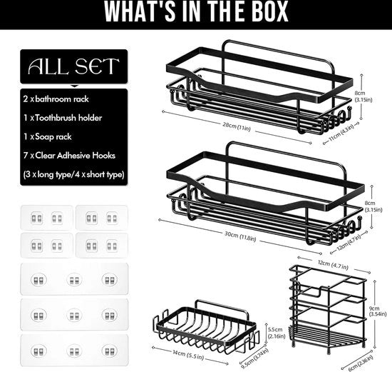 Set di 5 Cestini per la doccia, Placca per la doccia, senza perforazione, adesivo per la doccia, organizzatore per la doccia, 304 Inox, organizzatore per la doccia/organizzatore per la cucina (Nero)