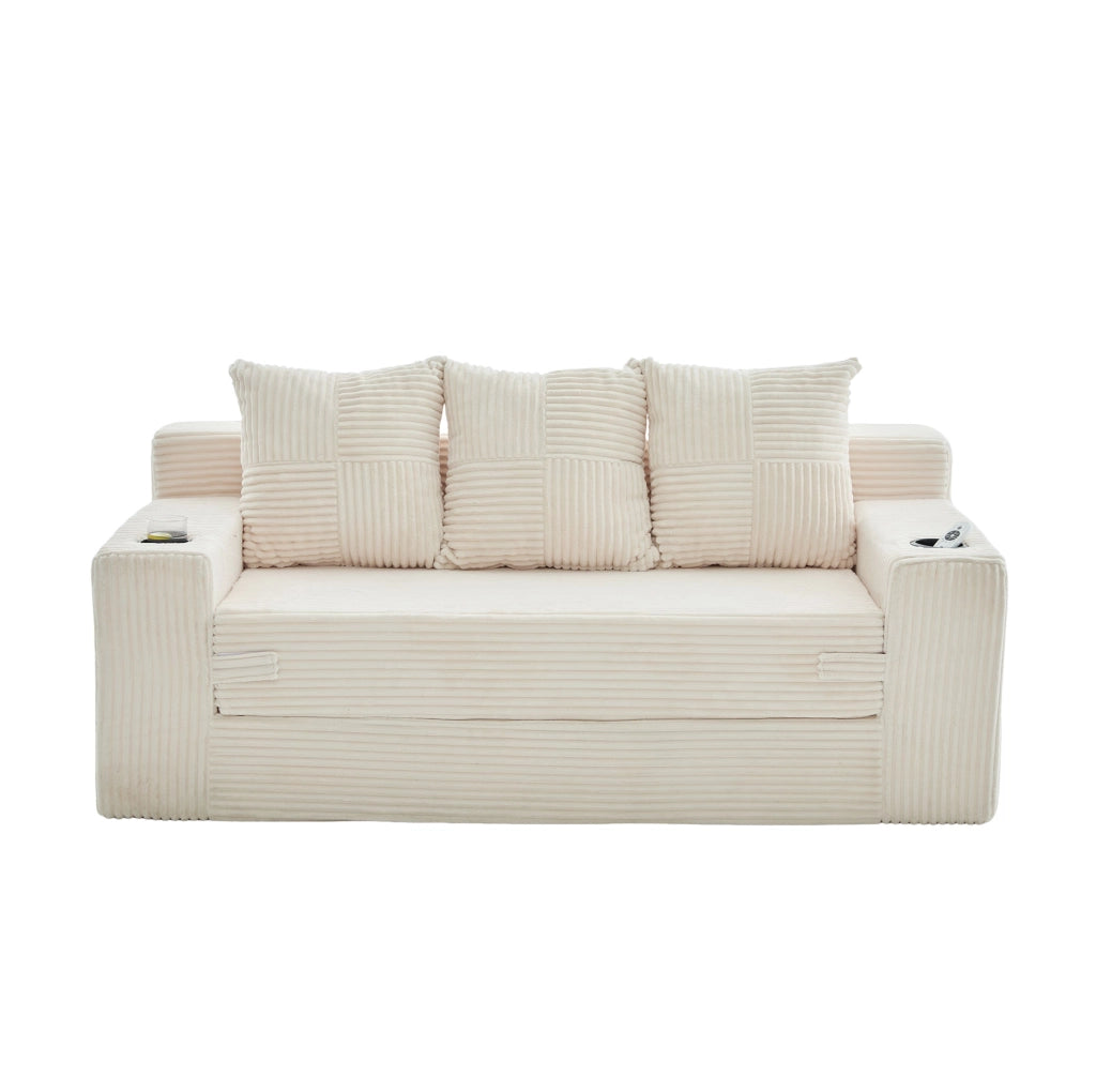 Divano modulare ULEVR 172x87x64 cm a 2 posti, con portabevande e tasche laterali, velluto a coste beige