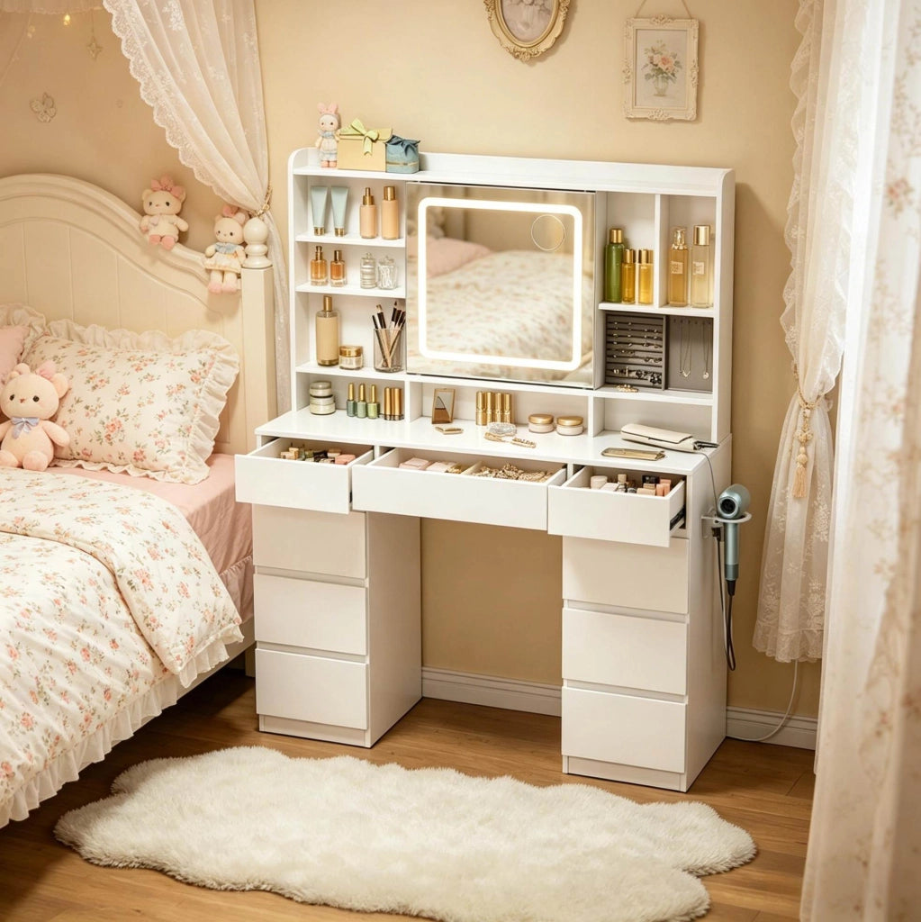 Tavolo da trucco moderno bianco con specchio scorrevole, 9 cassetti e prese integrate