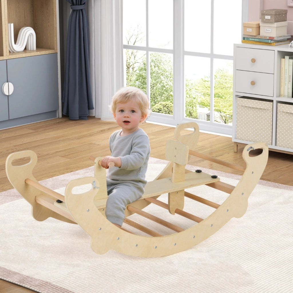 Arco cavallo a dondolo multifunzionale, Giocattoli di arrampicata in legno 4-in-1 per bambini dai 1-5 anni Naturale