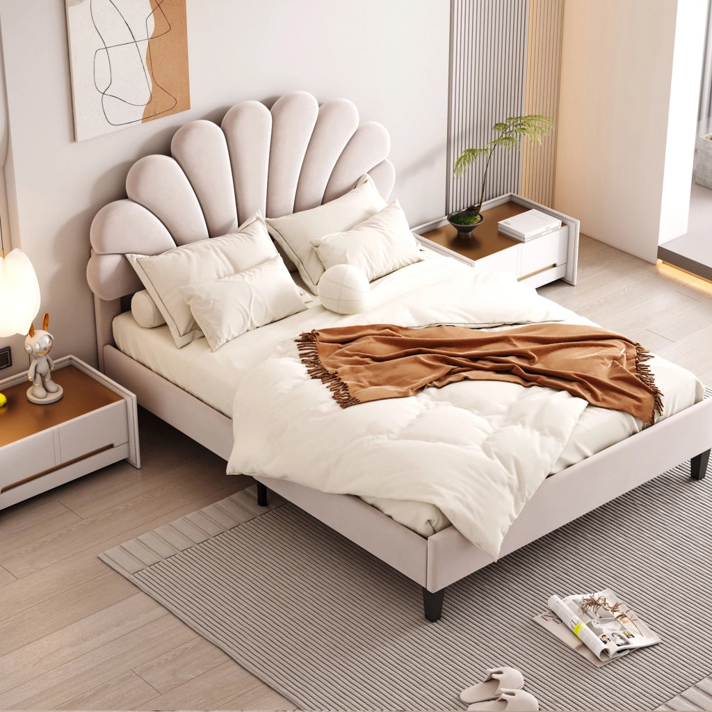 OKWISH Letto Imbottito 140×200 cm, Letto Matrimoniale con Testiera a Fiore, 12 Doghe e Imbottitura, senza Materasso, Beige
