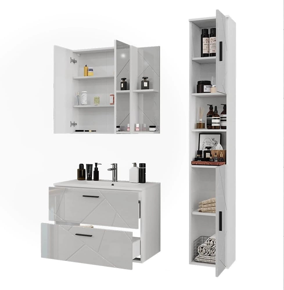 Set di mobili da bagno Irma, Bianco/bianco lucido, 80 cm, composto da mobile sottolavabo con lavabo, armadio alto e specchio da bagno