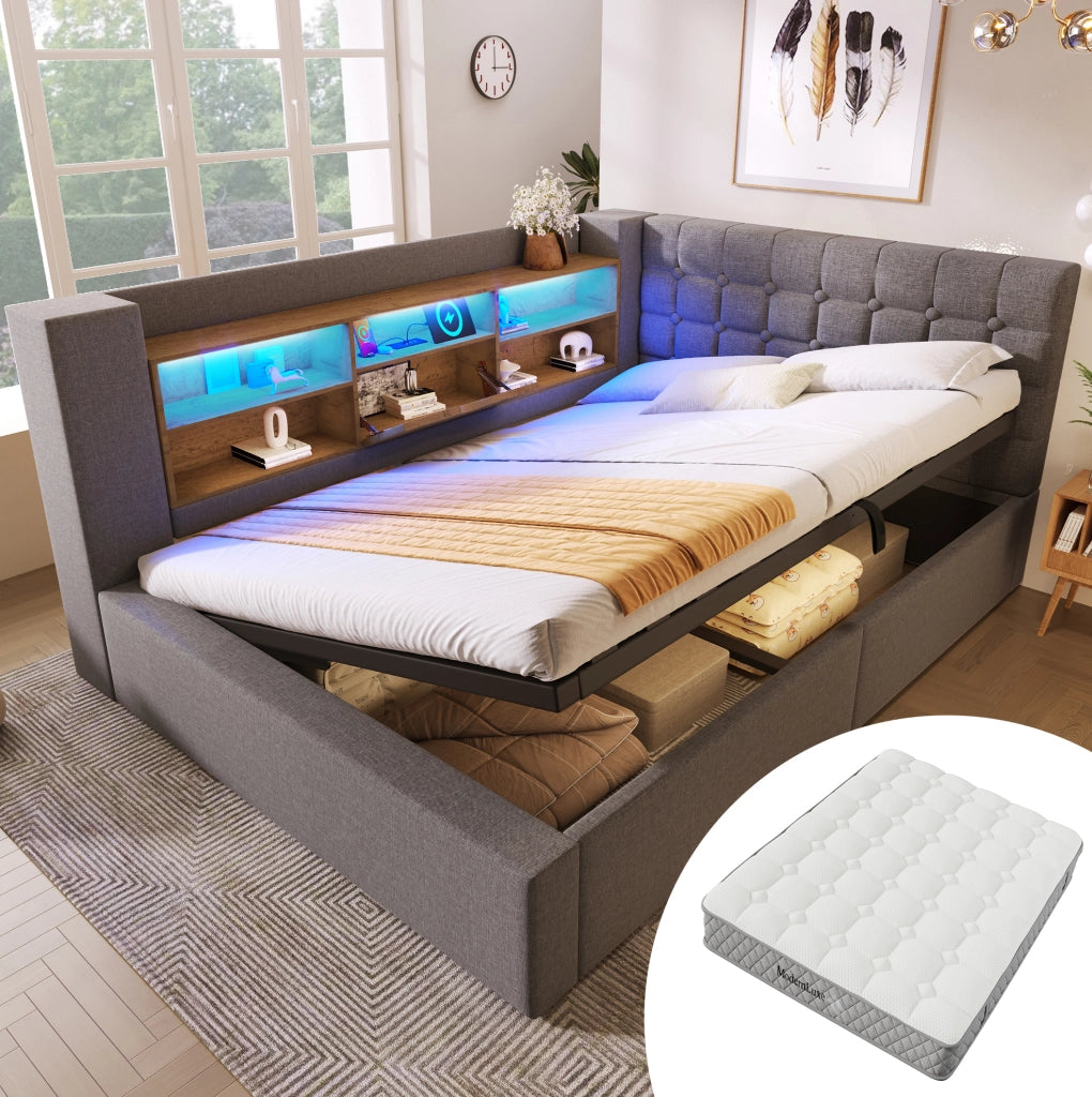 Letto matrimoniale 140x200 con LED, ricarica USB e materasso