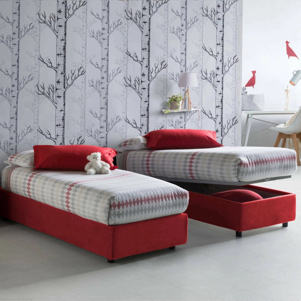Letto singolo Aquolina, Letto contenitore con rivestimento in tessuto, Made in Italy, Apertura frontale, adatto per materasso cm 80x190, Rosso