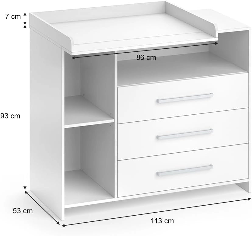 Fasciatoio Oskar, Bianco, 113 x 100 cm con cassetti, convertibile in una normale cassettiera dopo la rimozione del fasciatoio