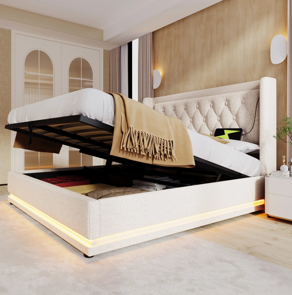 Letto matrimoniale 160x200 cm con contenitore idraulico; LED e USB-C; cotone beige