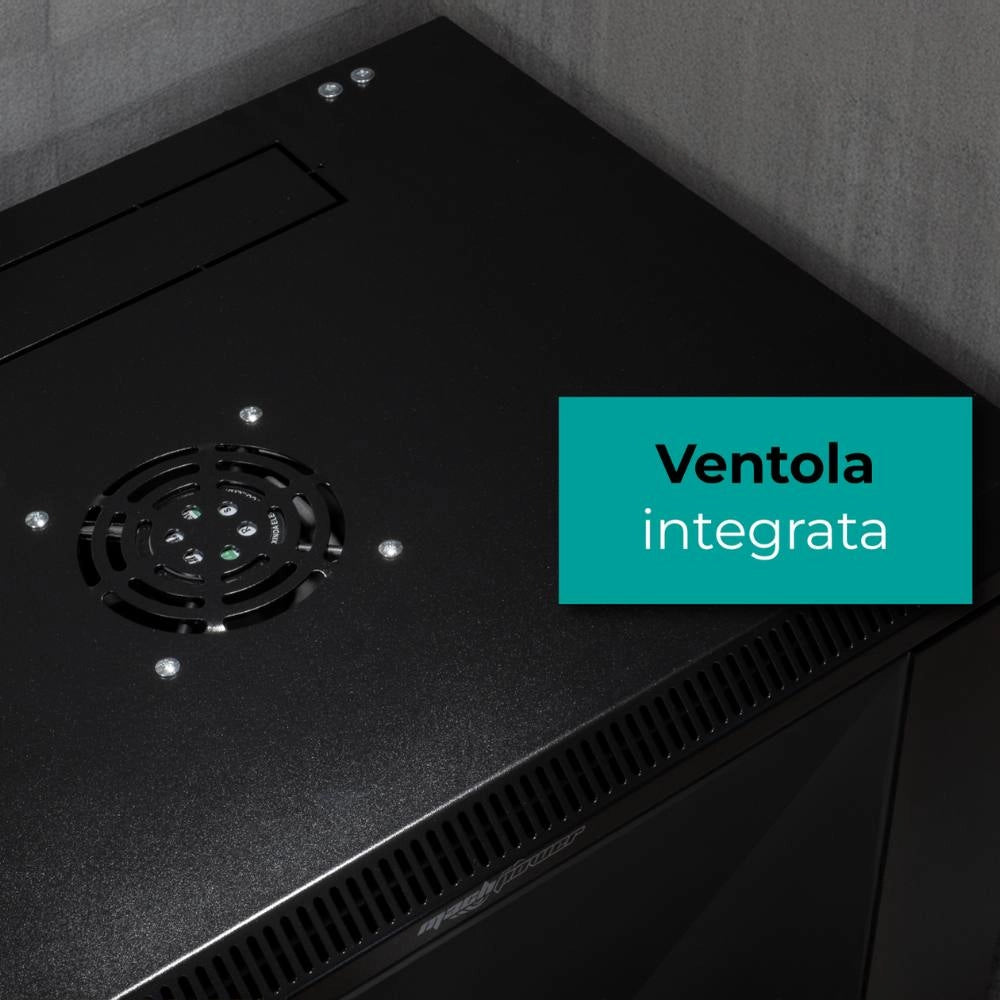 Armadio rack a parete mach power 12u 600x450x640 nero con ventola e montanti