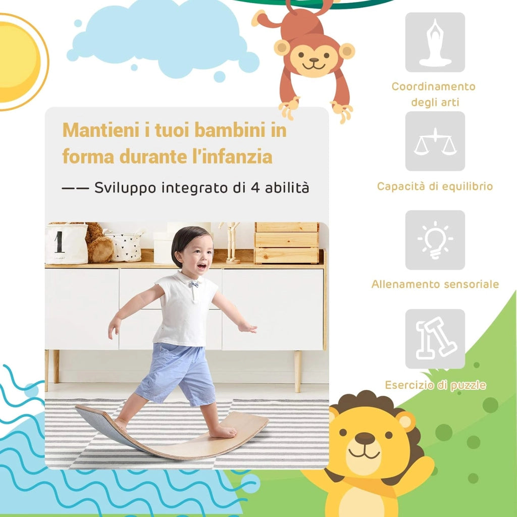 Balance Board Curva per Bambini, Tavola di Equilibrio per Bambini in Legno con Feltro Antiscivolo, Portata Massima 220 kg (90 x 30 x 19 cm)