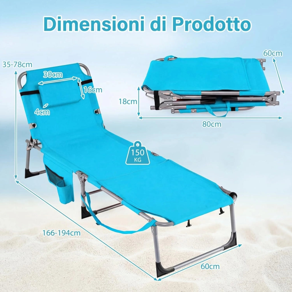 Lettino Prendisole Pieghevole Portatile, Lettino da Spiaggia con Fori per Viso e Braccia, Cuscino Poggiatesta e Tasca, Schienale Regolabile, per Mare e Piscina, Portata 180 kg (Turchese)