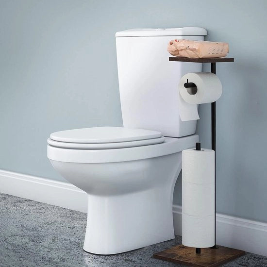Supporto per carta igienica indipendente con piastra di deposito - Nessun foro da praticare - Stand per carta igienica rotolante - Pannello in legno per toilet butler