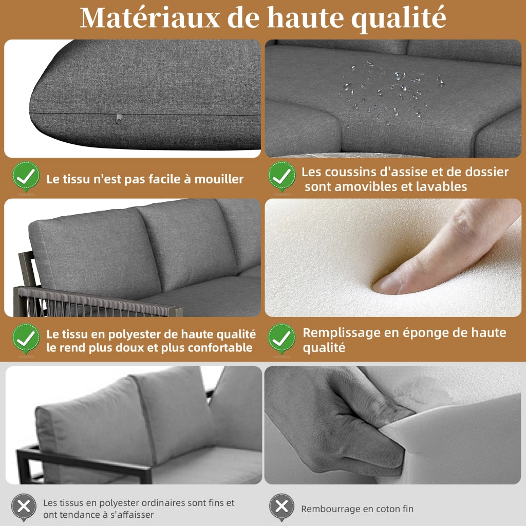 Mobili da Giardino con Divano Grande; 2 Divani Piccoli e 2 Tavolini; Metallo e Poliestere; Grigio