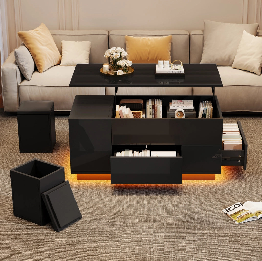Tavolino da caffè 100x50x45 cm con alzata idraulica; LED; 2 cassetti e 2 sgabelli; truciolare nero