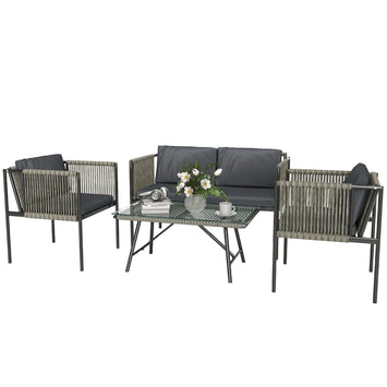Set 4 pezzi giardino, divano 2 posti, 2 poltrone, tavolino con piano in vetro, cuscini, telaio in acciaio, rattan sintetico grigio, per este