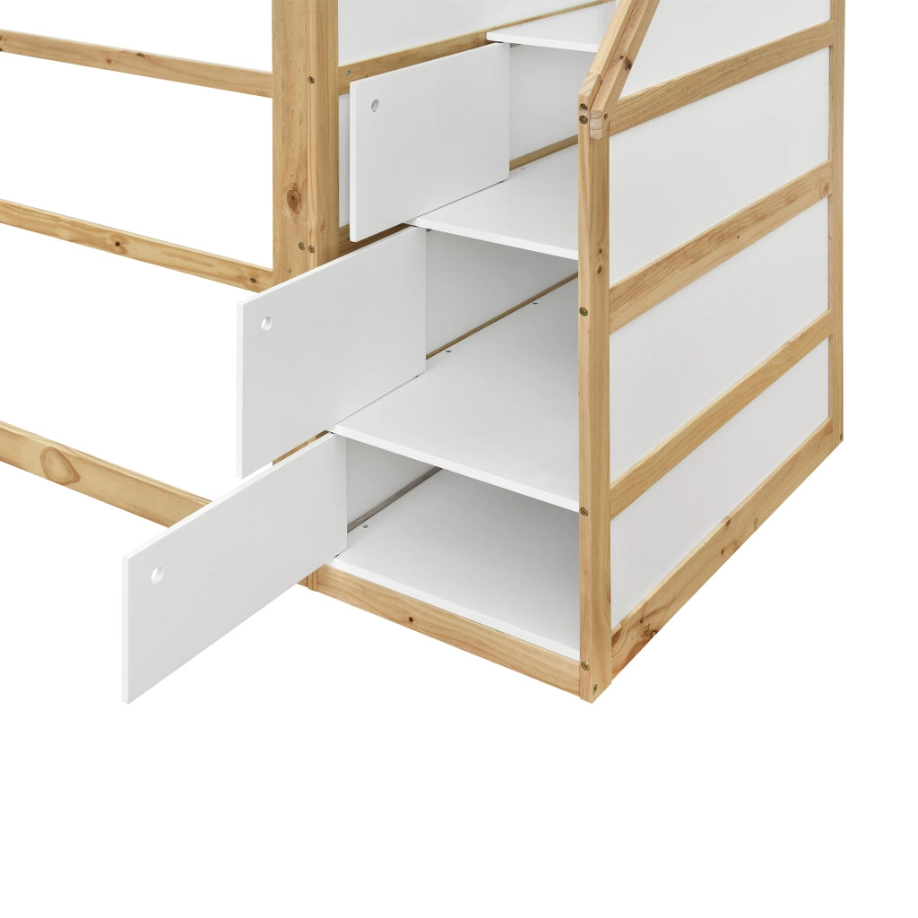 Letto a soppalco 90x200 cm, letto per bambini, con contenitore, design a finestra, pino + MDF, bianco + color legno naturale