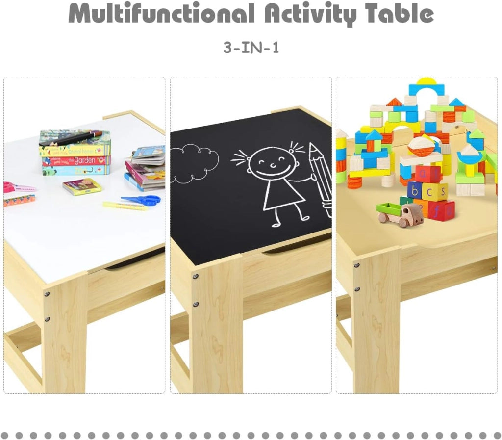 3 in 1 Tavolo e Sedie per Bambini, Set Mobili di 3 Pezzi Camera, Tavolino Bianco e Nero da Gioco, Multiuso, Cosigliata Età 3-7 Anni, in Legno